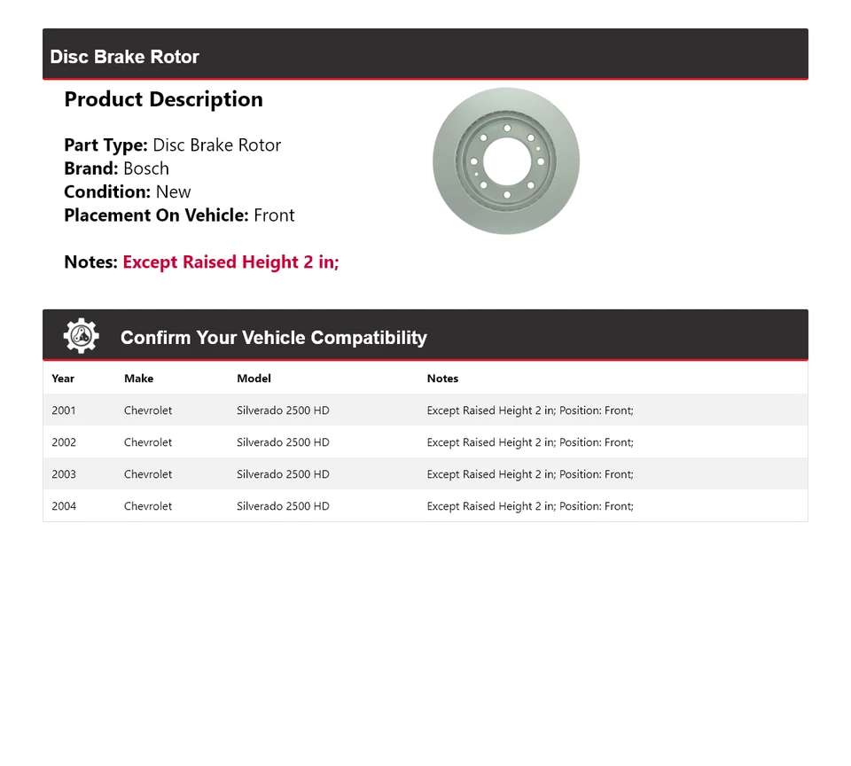 Rotor de freno de disco delantero para Chevrolet Silverado 2500 HD 2001-2004 Bosch QuietCast Foto 2 de 4