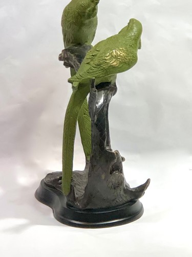 Rare Vintage Castilian Brass Green Parrots Sculpture on Wood Base - Picture 7 of 11