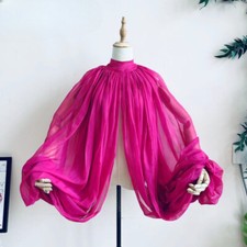 Hot Pink Silk Chiffon Wedding Cloak Puffy Sleeves Jacket Bridal Accessorie Shawl