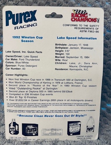 Vintage Racing Champions Lake Speed 1992 Purex #83 Ford NASCAR 1/64 Diecast NIB - Picture 3 of 3