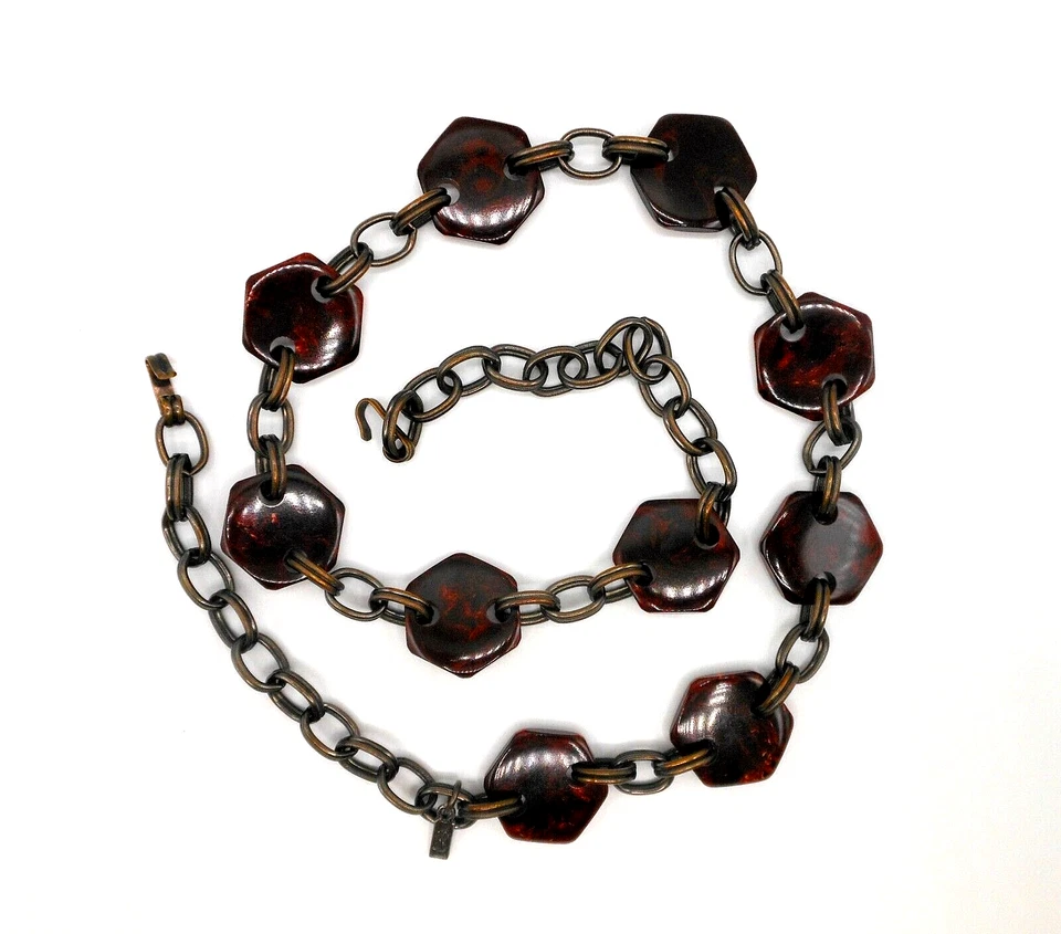 Vtg YSL Bakelite Hex Marbled Red/Burgundy Swirl Brass Connector Belt Or Necklace - Image 3 of 4