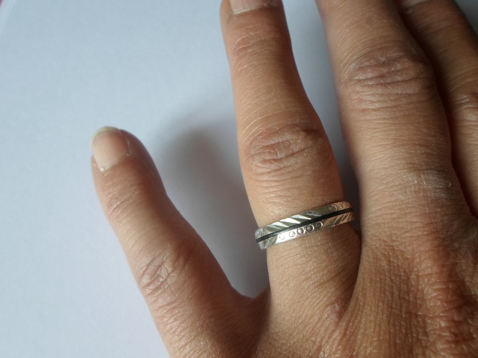 solid silver ring, chiseled ring, black border, s… - image 1