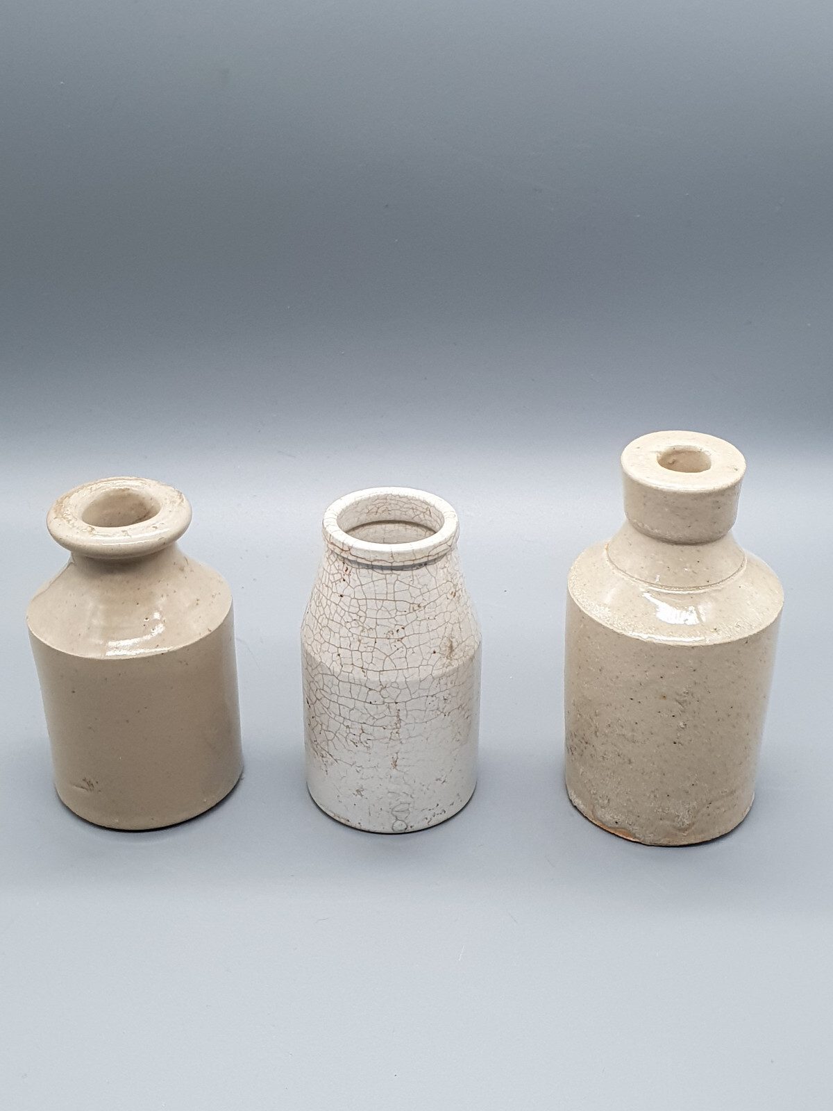 Three Small Vintage Glazed Stoneware Inkwells or Posy Vases