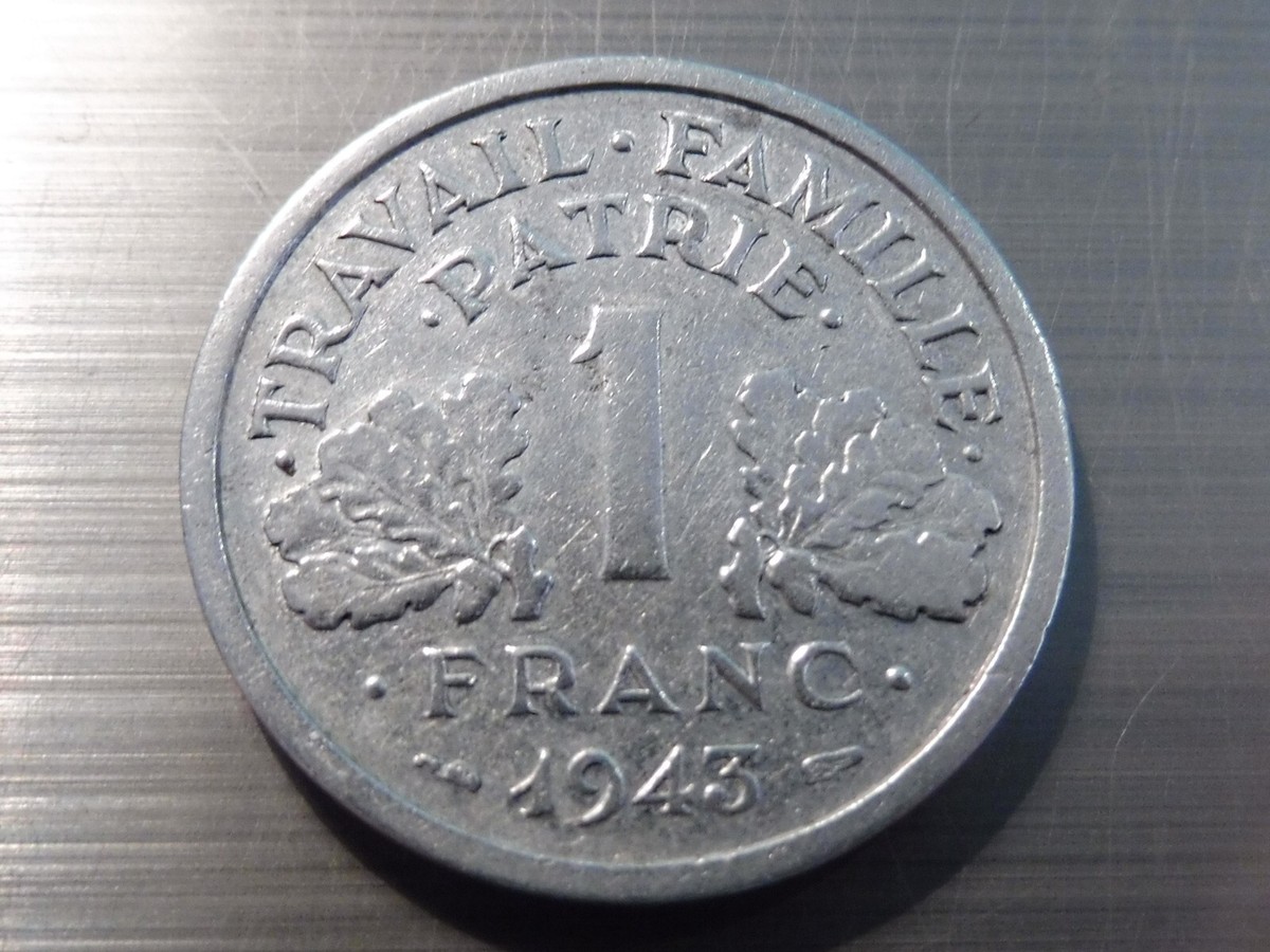 RARE TROUVAILLE MONNAIE 1 FRANC 1943 ALU FRANCISQUE QUALITEE SPL/FDC- COTE 60