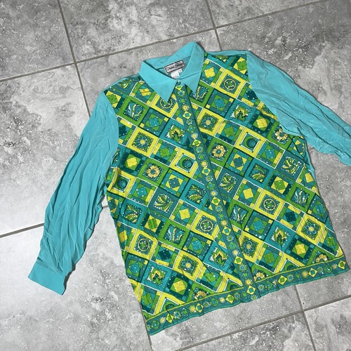 Diane Gilman Vtg 100% Silk Sequin Art Long Sleeve Button Blouse New Plus 2X - Picture 2 of 16