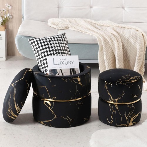 16" Vlvet Round Ottoman with Storage Set of 2, Modern Footrest Upholstered - Picture 2 of 5