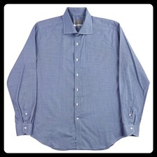Canali Impeccabile Dress Shirt Men Large 43-17 Blue Cotton Micro Geometric Italy