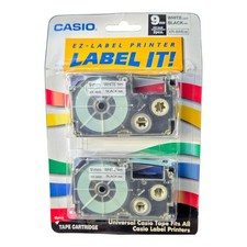 Casio EZ Label Printer Label It ! XR-9WE2s 9MM 3/8” White Tape Black Ink 2 Pack