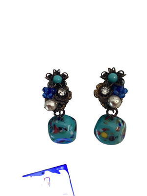 Vintage Miriam Haskell Clip On Earrings, Filligree, Turquois Multi-Color Glass 