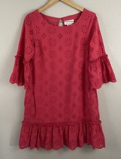 By Anthropologie Womens 6 Pink Dani Eyelet Dress Beaded Sleeves Ruffle Hem 