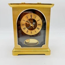 VTG Bulova Quartz Carriage Mantel Desk Clock Brass Gold Tone Germany Roman Dial