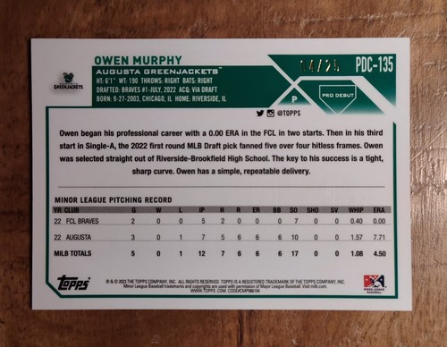 2023 Topps Pro Debut Chrome Owen Murphy RC Orange Lava /25 #135 🍊 - Picture 2 of 2
