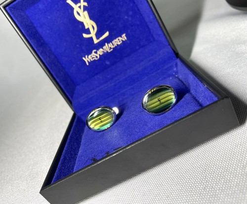 Auth Beautiful Yves Saint Laurent YSL Logo green gradation stone Cufflinks +Box
