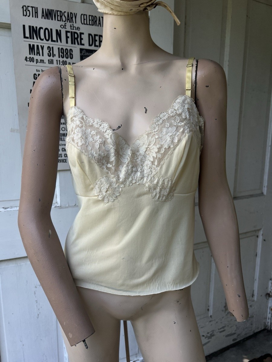 Vintage 70s Slip Tank Lace Camisole Adjustable Pale Yellow Summer