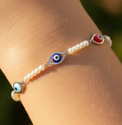 Modern Evil Eye Bracelet | Silver Tone Boho Pearl Beaded Chain Colorful CZ Charm