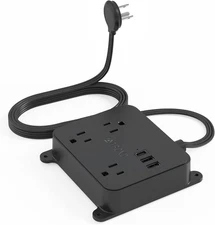 Flat Plug Power Strip - 10FT Long Extension Cord with 3 AC Outlets, 2 USB-A Port