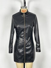 LATEST DESIGN Black Faux Leather Front Zip Long Sleeve Mini Dress Size 10