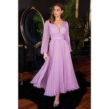 Cinderella Divine Pleated Long Sleeve Tea Length Chiffon Gown Lavender Size 10