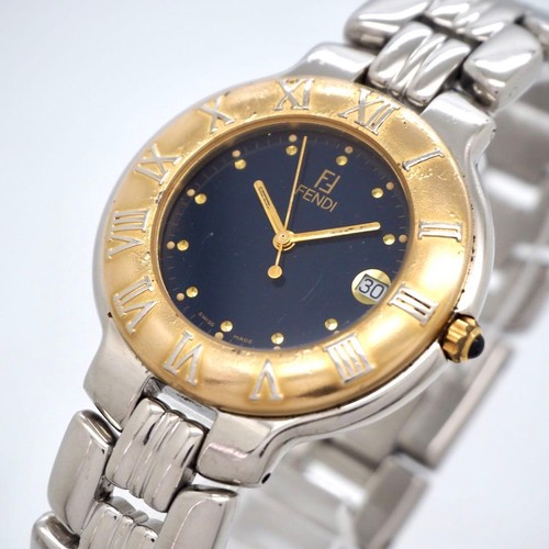 FENDI 900G Roman Gold Bezel Navy Dial 35mm Date Wristwatch