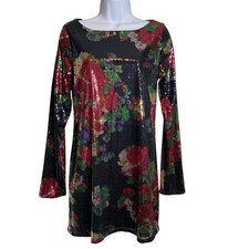 Express Y2K Women’s Shimmery Floral Sequin Tunic Dress Size S Going Out Disco