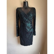 Hello Molly Emerald Green Sequin Mini Dress Long Sleeve V-Neck Ruched US 8 L
