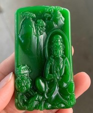 Chinese Natural Green Jade Carved pine lotus Kwan-Yin Guan Yin amulet pendant