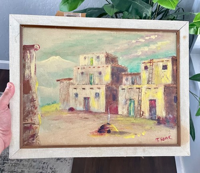 #ad Original Southwest Pueblo Landscape Oil Painting Signed T. HAWK Native American $220.00