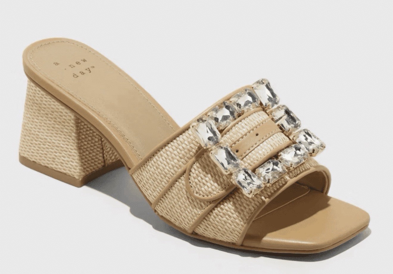 A New Day Beige Square Toe Mule Slip-On Heels w/ Rhinestone Buckle