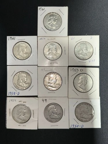 Franklin Half $'s LOT OF 10  NICE!! XF/AU/BU CONDITION 90% SILVER BID NOW!!!
