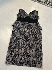Joe Browns Black Lace Over Nude Peplum Fitted Dress Scalloped Neckline Sz 14
