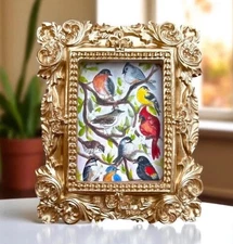 "Backyard Birds" mini art watercolor print in gold vintage style ornate frame