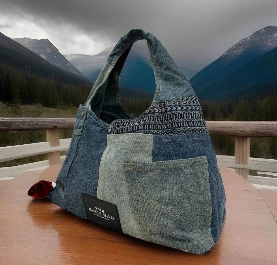 AUTÊNTICA NOVA COM ETIQUETAS Marc Jacobs The Sack Bolsa Hobo Desconstruída Denim Algodão Ombro Grande - Imagem 2 de 4