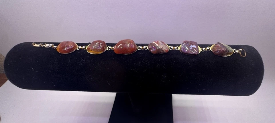 "Pulsera vintage oro marrón tonos rojos y grises piedras pulidas 7,5""" Foto 2 de 4