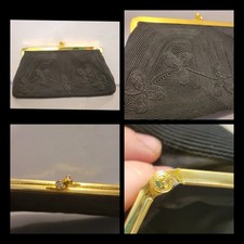 Vintage St Thomas Bkack Clutch Bag Rhinestone Clasp Black Cord Clover Formal