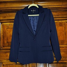 Adolfo Blazer Womens 6 Navy Blue Stretch One Button Notch Collar Jacket Classic