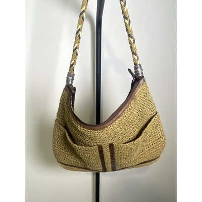 L-067 Brighton Olive Green Crochet Knit Hobo Bag Leather Trim Braided Handle