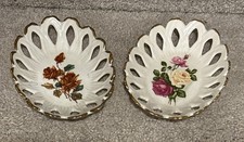 (2) Romanian Lace Porcelain Reticulated Bowls Florals trinket dish 7.5 