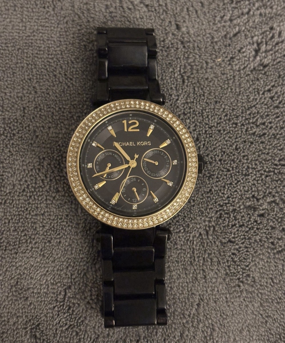 Michael Kors MK6390 Women's Black Gold Crystal Bezel Watch Never