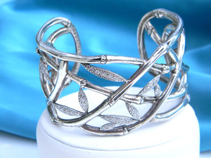 Rare John Hardy 925 Sterling Silver Bamboo Diamonds Wide Cuff Bracelet