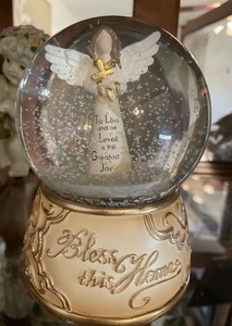 Angel Snow Globe "Bless This Home" Base "To Love and Be Loved" Gold White