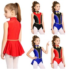 Kids Girls Bodysuit Competition Leotard Shiny Rhinestones Costume Color Block