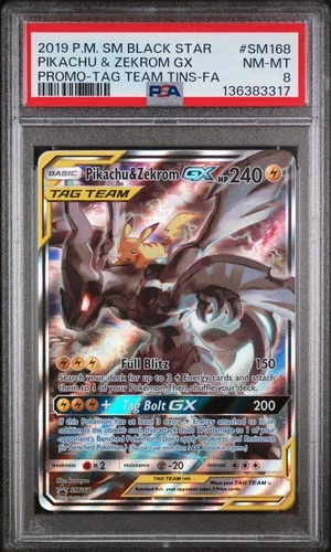 2019 POKEMON SM BLACK STAR PROMO #SM168 FULL ART/PIKACHU & ZEKROM GX PSA 8