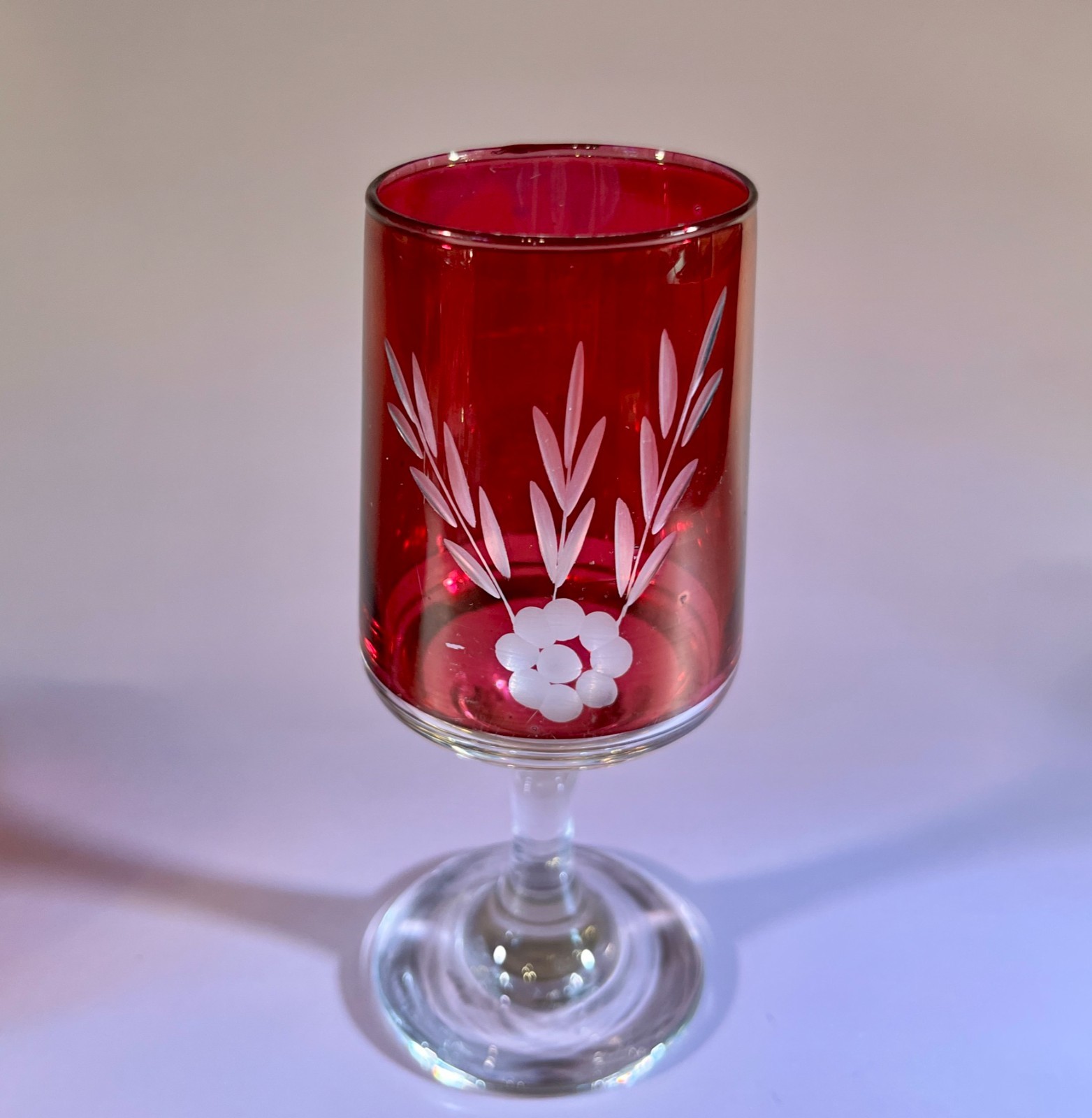 Set of 4 Vintage Ruby Red Etched Stemmed Glasses Floral Drinking Glasses image 8