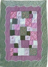 Vtg Patchwork Quilt, Green, Lavender  Pink Floral Throw Blanket Velvet Border