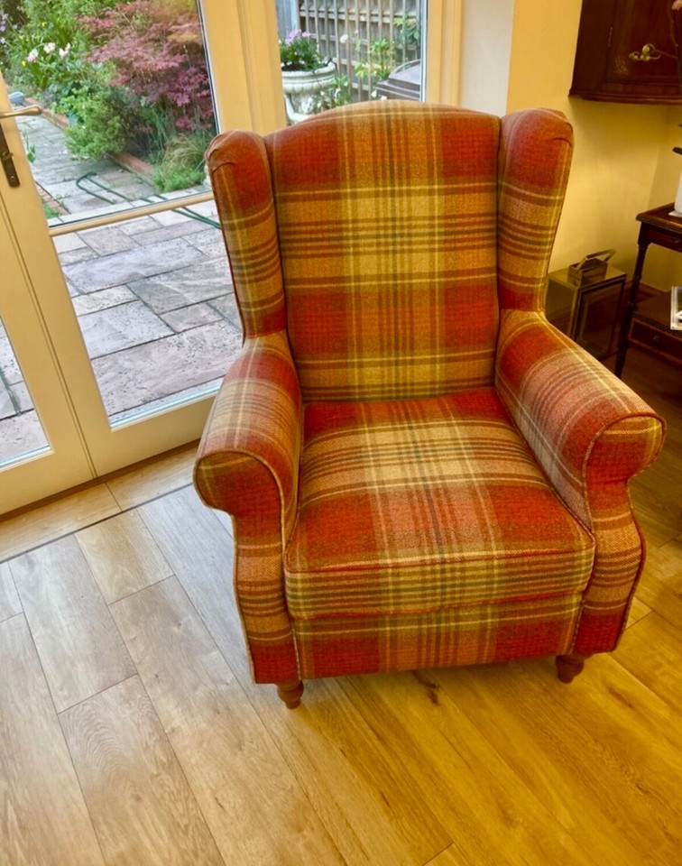 3 piece red tartan sofa set, with 2 seat sofa, armchair and storage