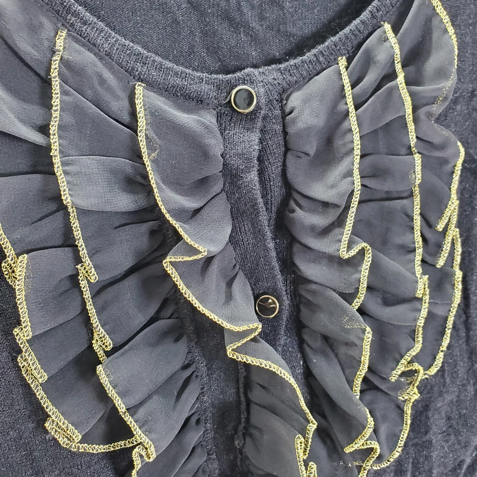 Cardigã Kenar feminino suéter grande preto mistura de lã de seda babado malha acabamento amarelo - Imagem 2 de 4