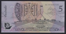 AUSTRALIAN BANKNOTE: 1992 $5 FRASER / COLE AA 90 - POLYMER NOTE #72