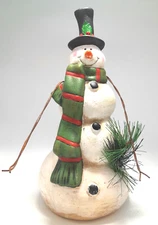 12" Primitive Style Ceramic Christmas Frosty Snowman Top Hat Scarf Metal arms