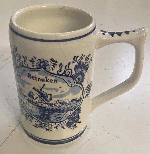 Vintage Heineken 1978 Ceramic Hand Painted Delft Blue Beer Mug Stein Holland