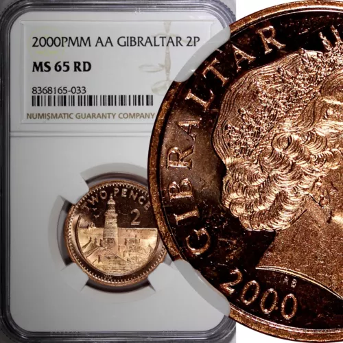 Gibraltar Elizabeth II 2000 2 Pence BU NGC MS65 RD FULL RED KM# 774 (033)